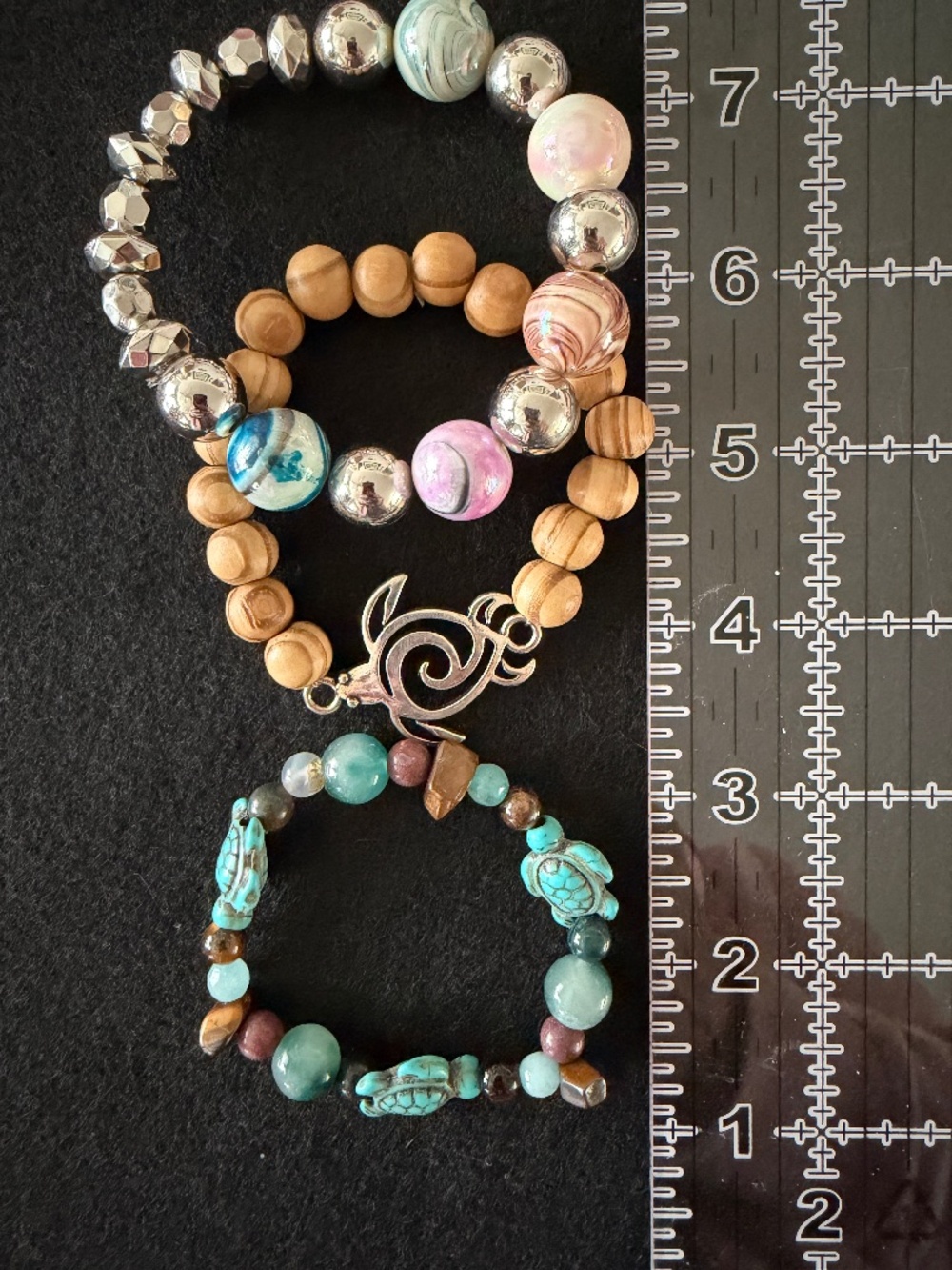 Stretch Bracelets 3 Bracelets Sea Turtle Theme, Wood, Glass, Natural Stone